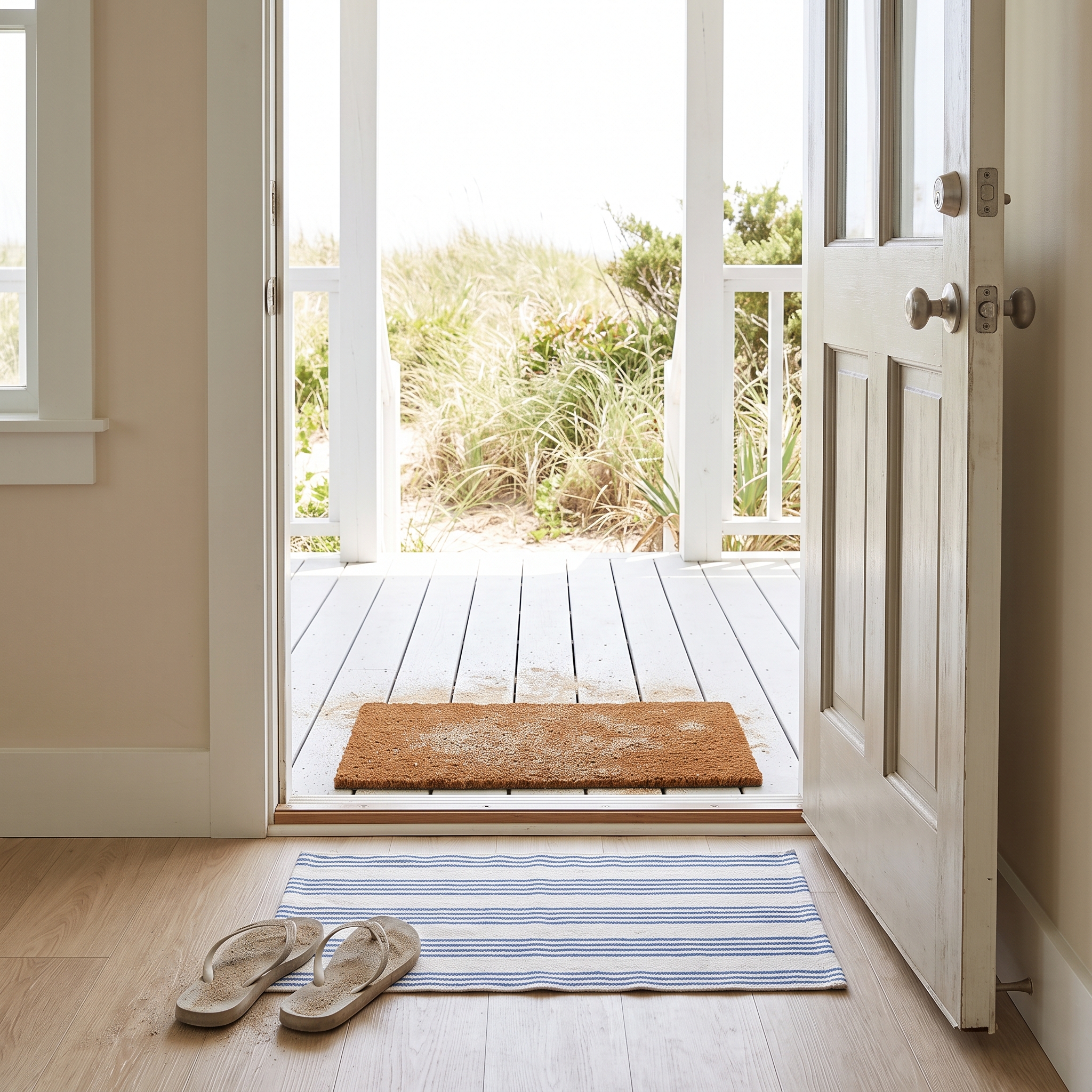 Coir scraper mat on the porch and a washable striped cotton mat inside on vinyl plank at a beach house door